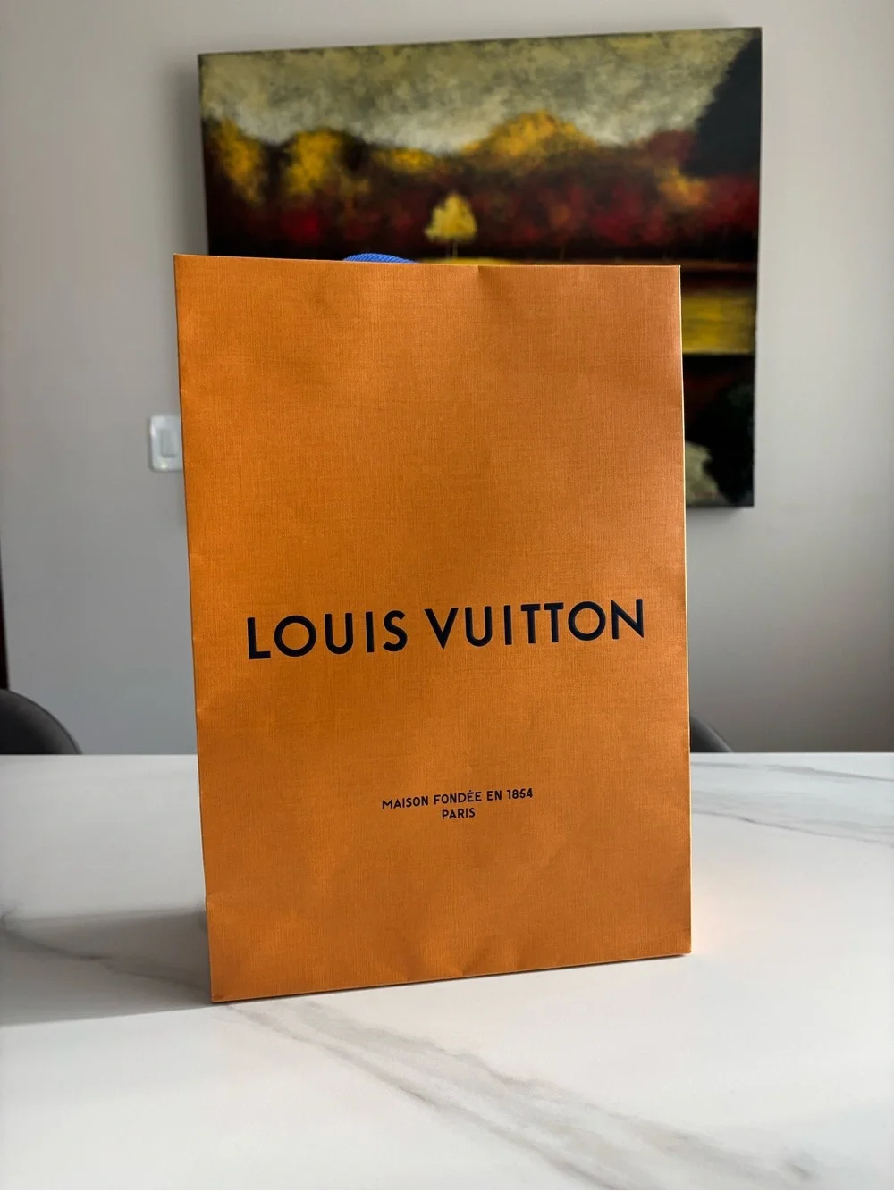 Louis Vuitton Orange Paper Shopping Bag with Blue Rope Handles 10x14 inch